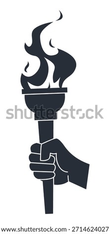 Hand holding burning torch. Olympic games triumph. Victory fire light. Black silhouette on white background. Ancient lantern. Flambeau combustion. Arm carrying blazing flame. Vector fiery lamp icon