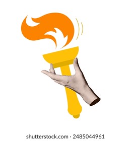 Hand holding burning torch. Trendy vintage collage with halftone hand and flat element. Traditional Symbol of sports games. Human palm with fire torch. Vector mixed media illustration