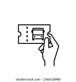 Hand Holding Bus Ticket Outline Icon. Clipart Image Isolated On White Background