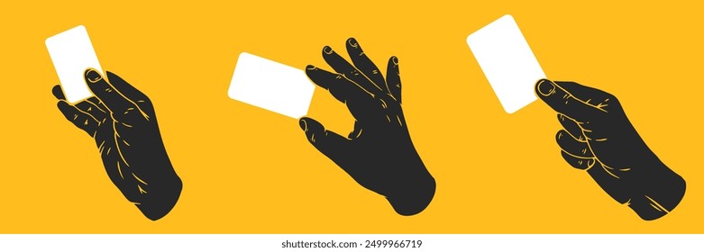 Hand holding business card or blank paper. Set hand drawn silhouettes human palms. Flat vector illustration.