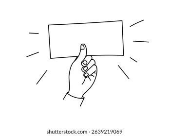 Hand holding a business card, note or sign. Vector outline monochrome illustration.	