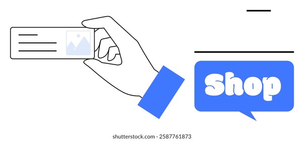 A hand holding a business card shows a minimalistic design with an image placeholder and text lines. Beside it, a speech bubble containing the word Shop is highlighted. Ideal for business cards