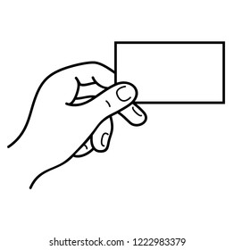 Hand holding a business card. Vector flat outline icon illustration isolated on white background.