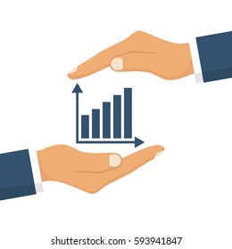 Hand holding business graph. Vector illustration flat design. Isolated on white background.