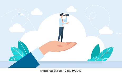 Hand holding a business man using telescope. Businessman standing on giant's hand using telescope. A businessman standing on giant palm and looking through binoculars. Vector illustration