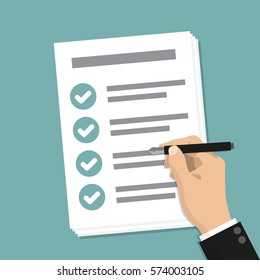 Hand holding business paper with checklist and pen
