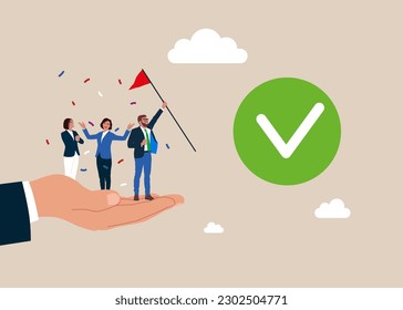 Hand holding business professionals. Trade union, corporate insurance. Leadership or business growth concept, help to succeed in job. Flat vector illustration