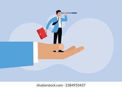 Hand holding a businessman using telescope 2D flat vector concept for banner, website, illustration, landing page, flyer, etc