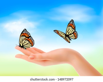 Hand holding a butterflies against a blue sky. Vector illustration. 