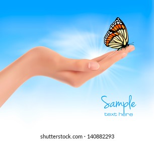 Hand holding a butterfly against a blue sky. Vector illustration.