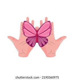 hand holding butterfly, breast cancer concept