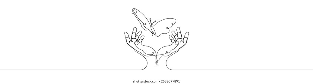 Hand holding Butterfly icon line continuous drawing vector. One line Butterfly hand icon vector background. Butterfly with hands icon. Continuous outline of a Hands of Butterfly icon.