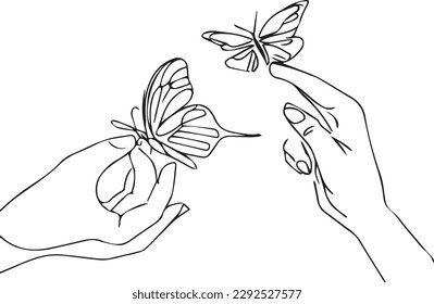 hand holding a butterfly vector line art sketch