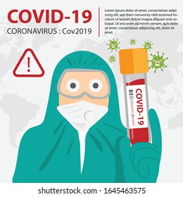 Hand holding by test tube by biochemist. Give Covid-19 is name coronavirus in test tube containing blood that tested positive. Vector illustration on blue background.