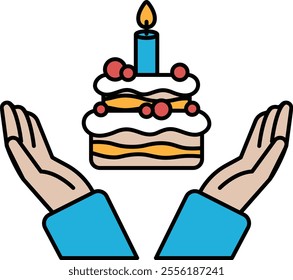 A hand is holding a cake with a candle on top. The cake is decorated with frosting and berries. Concept of warmth and celebration, as the hand is holding the cake with care and attention