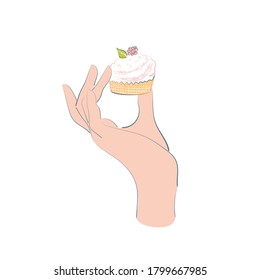 La mano sujetando la torta en los dedos. Esbozo vectorial simple sobre un fondo blanco.