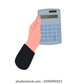 Hand holding a calculator, calculation assistant. Carculator in human hand. Accessory for school, work, accounting, office and business. Methematical calculation. Colored flat vector illustration