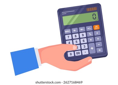 Hand holding calculator. date count flat illustration