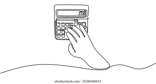 Hand holding a calculator depicted in continuous one line drawing. Education, math, and accounting concept emphasizing calculations and finance.