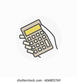 Hand holding calculator icon. Vector colorful accounting sign. Making calculations concept symbol or design element