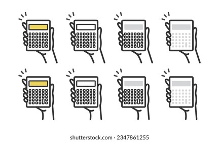 Hand holding a calculator illustration icon set right hand