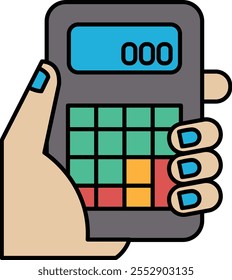 A hand holding a calculator with the numbers