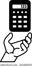 A hand holding a calculator with the numbers