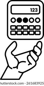 A hand holding a calculator with the numbers