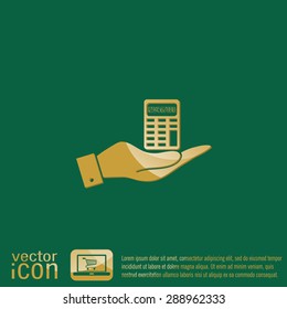 hand holding a calculator. office sign