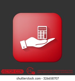 hand holding a calculator. office sign