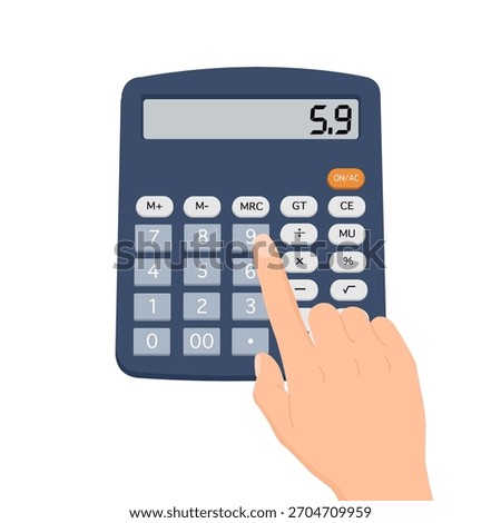 hand holding calculator and pushing button, keyboard for business, finance. Electronic counting device for financial accounting	