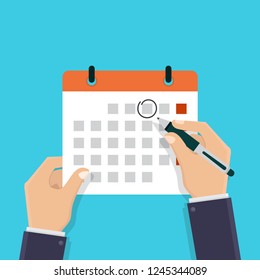 Hand holding a calendar, businessman holds a pen and draws a circle on calendar illustration flat design style