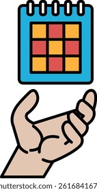 A hand holding a calendar with a red and yellow square on it. The hand is holding the calendar with a smile on its face