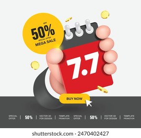 A hand is holding a calendar with seventh day of the seventh month, 7.7, representing the MEGA SALE promotion with 50% discount tag label, vector 3d for online shopping advertisement concept design