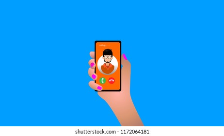 Hand holding calling mobile phone in flat design style. incoming call.