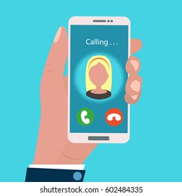 Hand holding calling mobile phone in flat design style. incoming call.