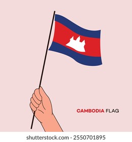 Hand holding Cambodia flag in line art drawing style. Cambodia hand Flag waving. Vector illustration