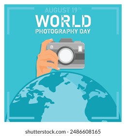 Hand holding camera above globe. Celebrating International Photography Day. World Photography Day concept. Flat vector illustration.