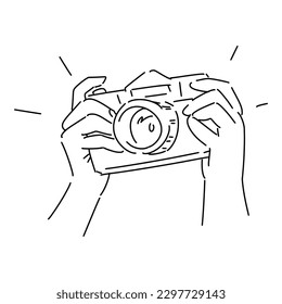 hand holding camera in line art style, sketch. isolated on white background. hand drawn vector illustration.