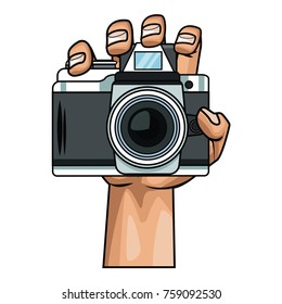 Hand holding camera pop art icon vector illustration graphic