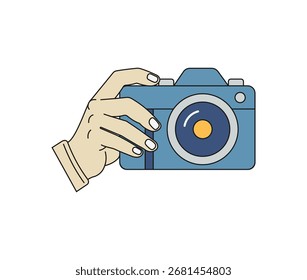 Eine Hand hält eine Kamera, bereit, ein Foto zu machen oder ein Video aufzunehmen. Die Kamera ist blau und der Hintergrund weiß und einzeln. Die Hand hält die Kamera fest.