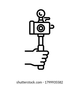 Hand holding camera stick. Line vector. Isolate on white background.
