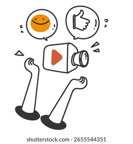 Hand, die eine Kamera hält, die soziale Medien streamt Symbol im Doodle-Stil