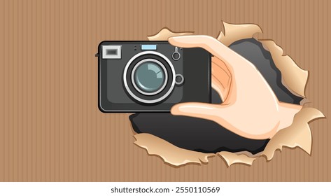 Hand holding camera through torn paper hole