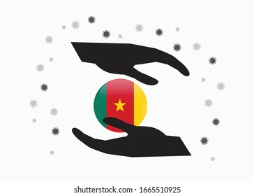 Hand holding Cameroon flag in cycle symbol, Protect cameroonian people from coronavirus  or COVID-19 concept, Save cameroon, sign symbol background, vector illustration. 