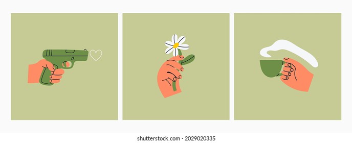 Hand Holding Camomile Flower, Gun, Coffee Cup. Hand Drawn Colored Trendy Vector Isolated Illustrations. Cartoon Style. Flat Design. Print, Poster, Logo, Social Media Icon Templates For Your Own Design