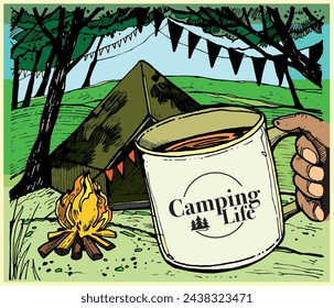 Hand holding a camping mug with sample logo. Hand drawn camping scene with tent, fire and trees at the background. Limited colour suitable for t-shirt, poster, brochure and camp event