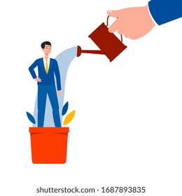 Hand Holding Can And Watering Man Standing In Flowerpot Flat Cartoon Style, Vector Illustration On White Background. Employee Growing And Development, Human Resource Management Business Concept