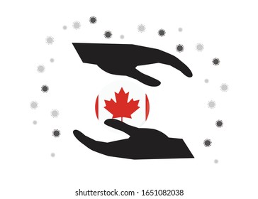 Hand holding Canada flag in cycle symbol, Protect canadian people form coronavirus  or COVID-19 concept, Save Canada, sign symbol background, vactor illustration.