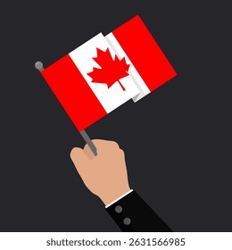Hand holding Canadian flag against dark background. Vector illustration for themes related to Canadian patriotism, national pride, and celebrations